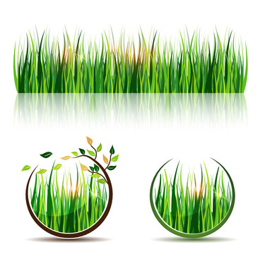 Grass and grass icons, beautiful meadow in round shapes with sun