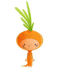 Cartoon happy smiling kid wearing funny carnival carrot costume