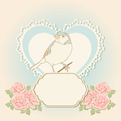 Greeting card with heart shape and bird