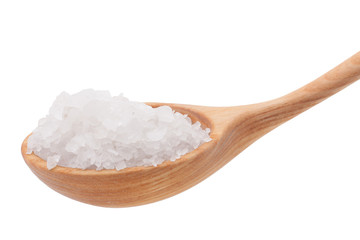 Mineral salt in wooden spoon isolated on white background cutout