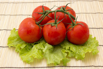 tomatoes with sprigs on wooden background with lettuce