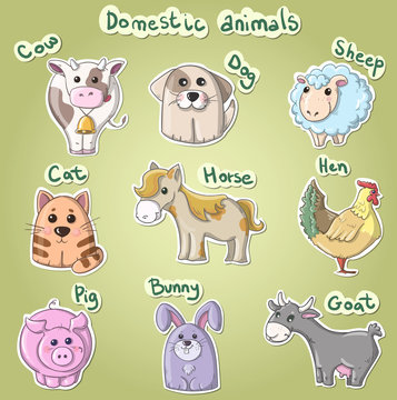 Set of cartoon domestic animals vector illustration