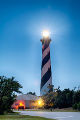 Diagonal black and white stripes mark the Cape Hatteras lighthou