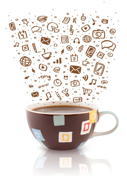 Coffee-mug with hand drawn media icons