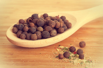 Allspice and sea salt with seasonings in wooden a spoon