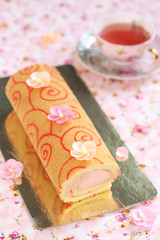 Deco Roll Cake with strawberry cream filling