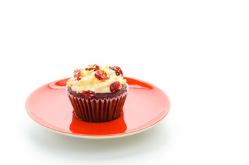 Red cupcake velvet isolated white background