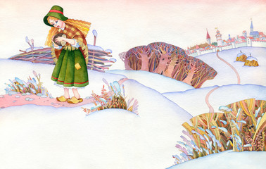 Watercolor picture. Poor girl goes on a snow-covered steppes