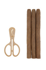 three cigars and gilded cutter on white background