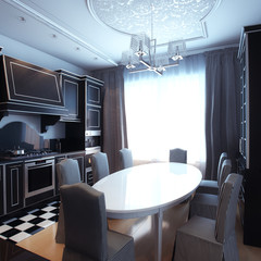 Black And White Kitchen Interior With Dining Area