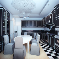Black And White Kitchen Interior With Dining Area