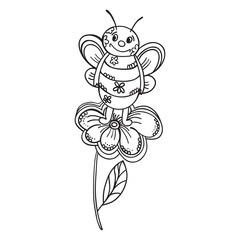 Hand drawn  bee standing on flower. Vector art