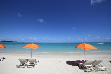 Parasols on Mont-Choisy beach, Mauritius island
