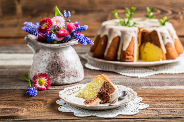 Easter cake and spring flowers