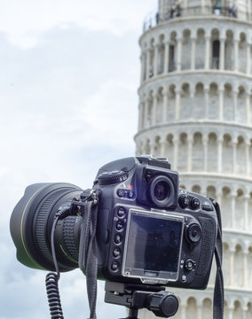 Modern Camera immortalizing Leaning Tower of Pisa