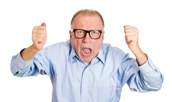 Portrait Angry older man screaming on white background 