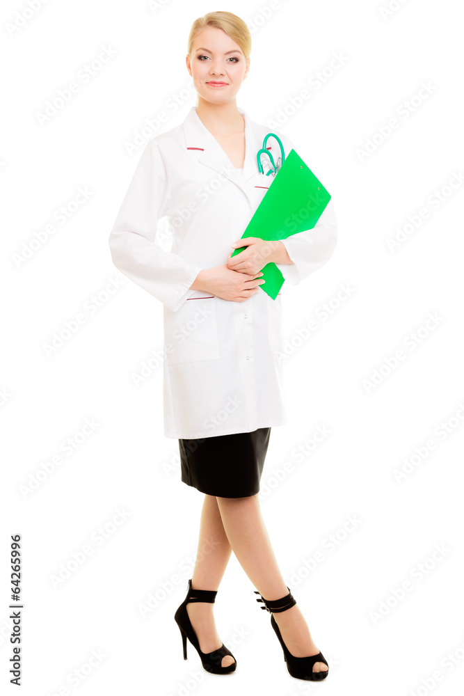 Poster Woman doctor in lab coat with stethoscope. Medical