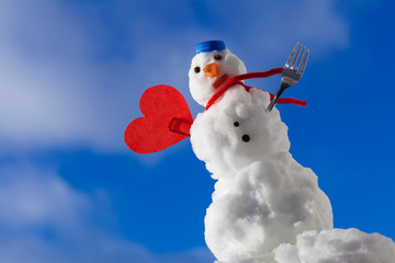 Happy christmas snowman red heart love symbol outdoor. Winter.
