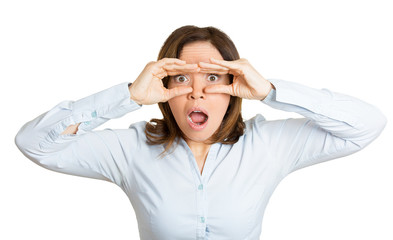 Shocked. Portrait woman stunned by seen, on white background 