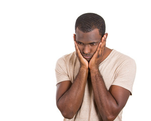 Portrait sad, gloomy young man isolated on white background 