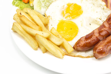 American  breakfast with fried eggs, bacon, sausages, toasts and