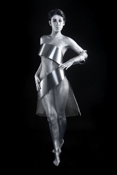 Silver Metal Clothing on a Body Painted Model