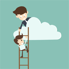 Businessman help to pull another from bottom of cloud