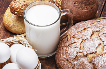 bread, milk, flour and eggs