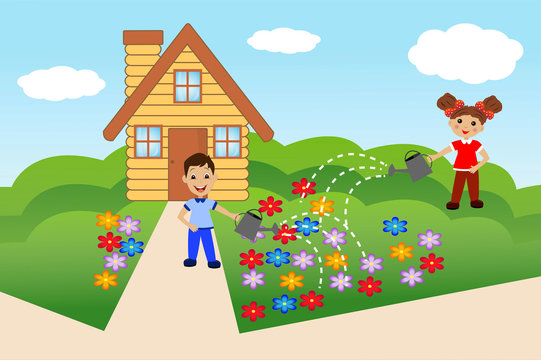 child pour flowers on summer residence