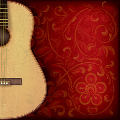 grunge music background with guitar and floral ornament - 64270705