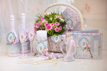 Wedding accessories for the morning of the bride in pink . Weddi