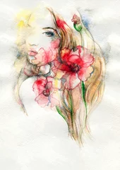Abwaschbare Fototapete Aquarell Gesicht Frau und Blumen