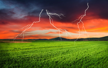 Thunderstorm with lightning in green meadow