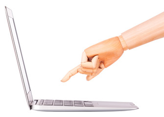 laptop with wooden hand isolated