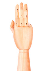 wooden hand is showing  three fingers