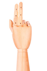 wooden hand is showing two fingers