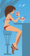 The hot summer, beautiful girl in bikini drinking the cocktail
