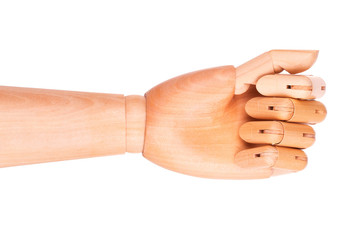 Closeup of right wooden hand - clenched fist