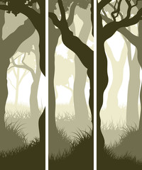 Vertical banners of tree trunks with grass.