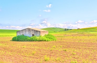 tipical rural house under blue sky in spring