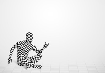 Funny guy in morphsuit body suit looking at copy space