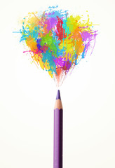 Pencil close-up with colored paint splashes