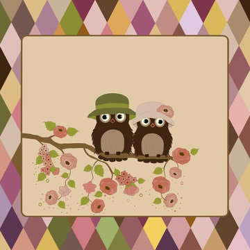 Greeting card with owls on beige background