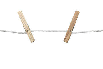 two clothespins on a string, isolated on white