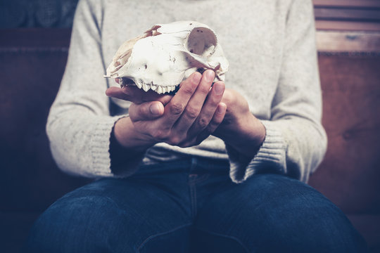 Man sitting on sofa with a skull in his hands