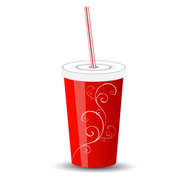 Red plastic cup with lid and straw