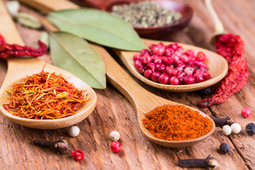 Different spices in the spoons