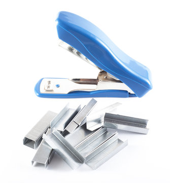 Open blue stapler with staples