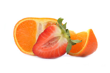 Strawberries and tangerine isolated on white background