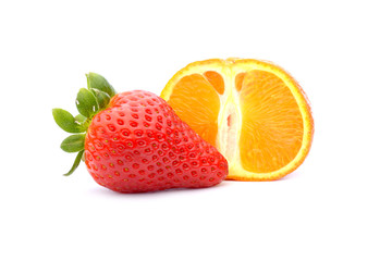 Strawberries and tangerine isolated on white background